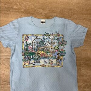 Vintage Basic Editions Women’s XL Blue Ribbed T-Shirt Floral Garden Graphic Rare